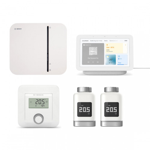 Bosch Smart Home Controller + 2x Radiatorknop II + Kamerthermostaat + Google Nest Hub (Gen. 2)