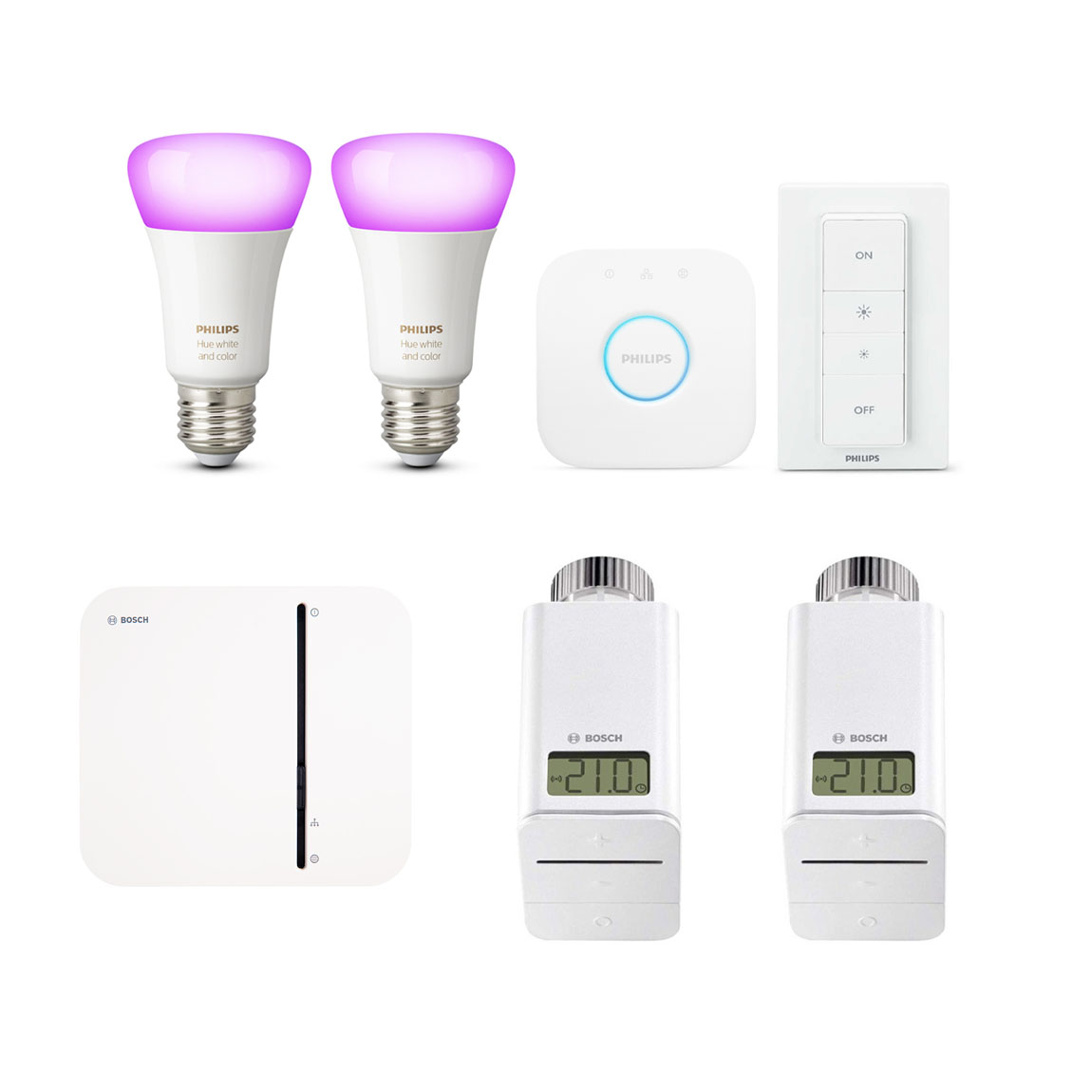 Bosch Smart Home Controller + 2x Radiatorknop + Philips Hue White & Color E27 Bluetooth Kit