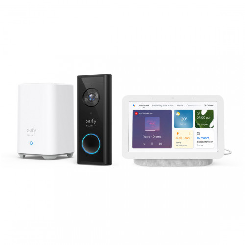 eufy Video Doorbell 2K (Batterij) met HomeBase 2 + Google Nest Hub (Gen. 2)