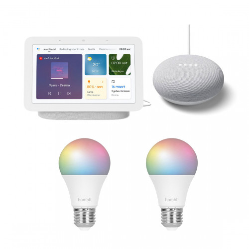 Google Nest Hub (Gen. 2) + Nest Mini + Hombli Smart Bulb E27 Colour 2-pack 